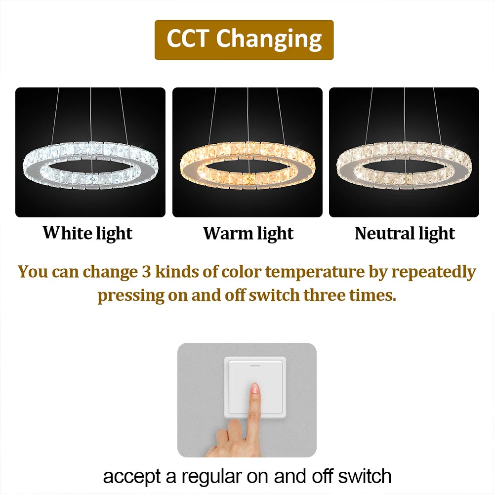 Modern Crystal Ceiling Lamp Luxury Rings Chrome Pendant Lighting Plafon Led Lamparas Indoor Fixtures Stainless Steel Hanging Lam