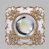 European Square Resin Golden Lace LED Recessed Downlight (3W/5W 220V) - Luxury Vintage Ceiling Spotlight Fixture (Fits 7.5cm Cutout) for Foyer, Dining Room & Corridor Decor