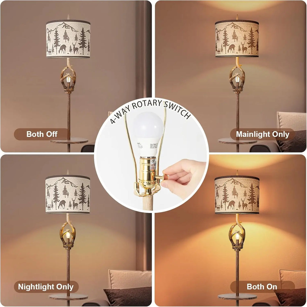 Rustic Antler Floor Lamp with Tray and Night Light, Farmhouse Decor for Living Room Bedroom Office