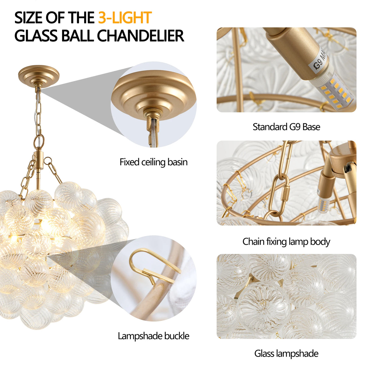 20-Inch Gold Pendant Light Chandelier with Threaded Clear Glass Globe Shade  Adjustable Height (No Bulbs)