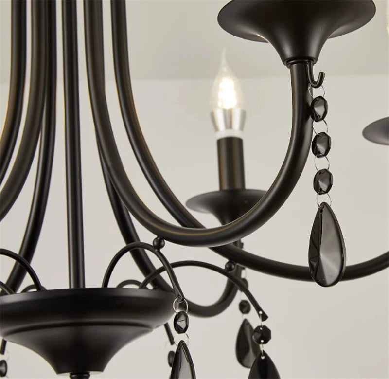 New Wrought Iron Crystal Chandelier European Classic Black Candle Lamp Modern Living Room Kitchen Dining Table Hanging Lamps