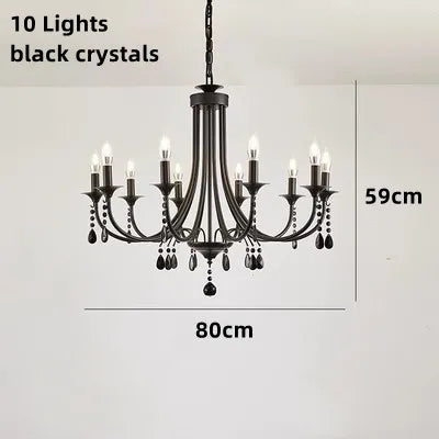 New Wrought Iron Crystal Chandelier European Classic Black Candle Lamp Modern Living Room Kitchen Dining Table Hanging Lamps
