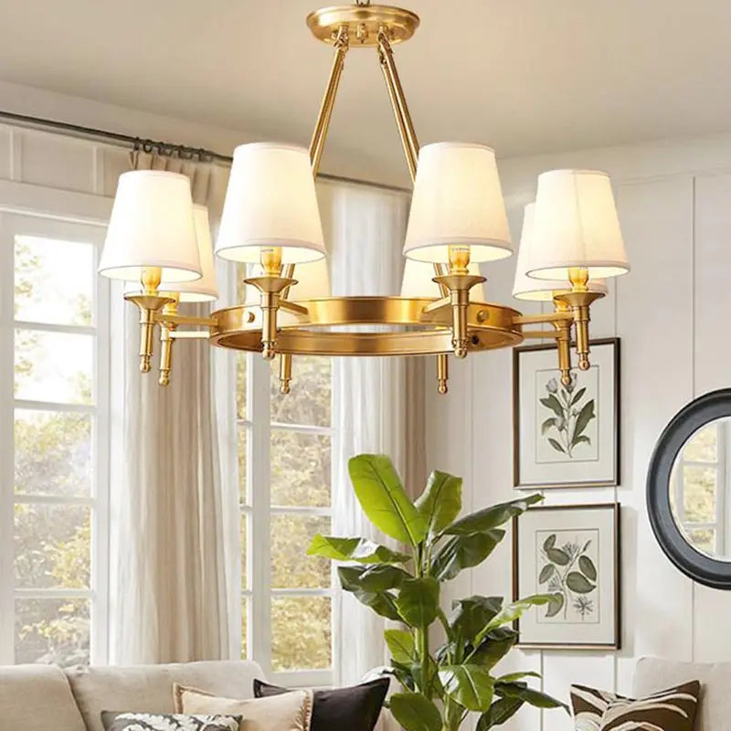 Rural LED ring Copper Ceiling Chandelier retro Fabric lamp Living Room Bedroom Home Decor Hanging Lamp American dining light