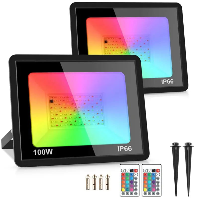 AT29 100W RGB LED Floodlights (2-Pack) - Color-Changing IP66 Waterproof Outdoor Landscape Spotlight with Remote for Halloween & Christmas