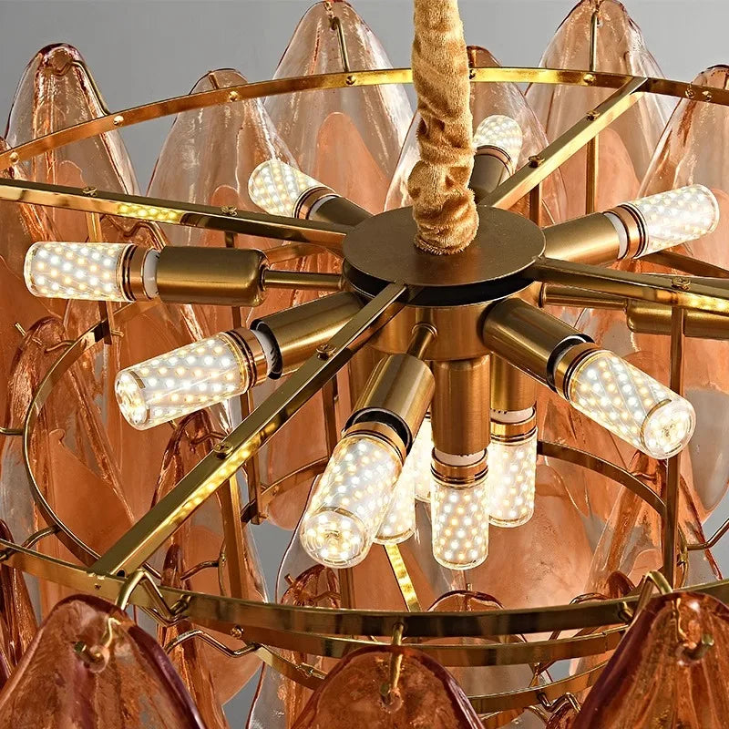 2025 New Designer Petal Shape Glass Chandelier Dimmable Stainless Steel Pendant Lamp Adjustable Ceiling Luster for Living Room