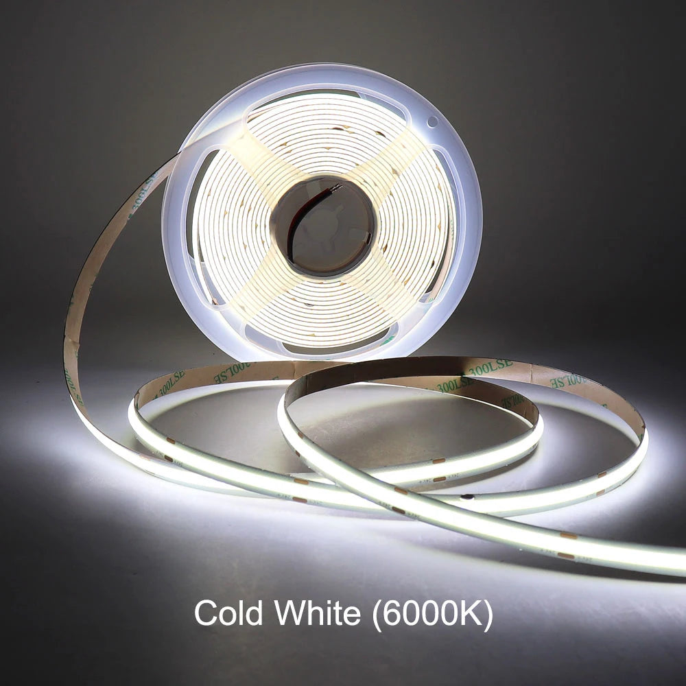 24V Super Bright COB LED Strip Light (312/576 LEDs/m, 5M/10M) - Flexible Cuttable High-Density Tape Light with Adhesive Backing