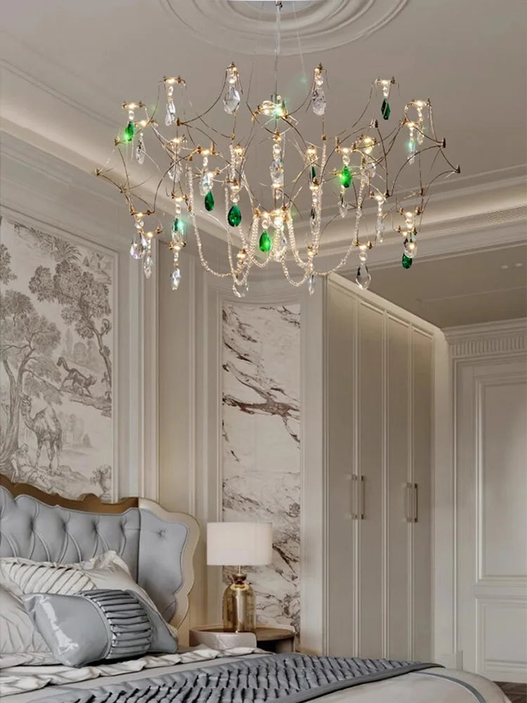 French Luxury Green Crystal Led Chandeliers Romantic Art Dining Room Decor  Pendant Light Lighting Bedroom Hanging Lamp Fixtures