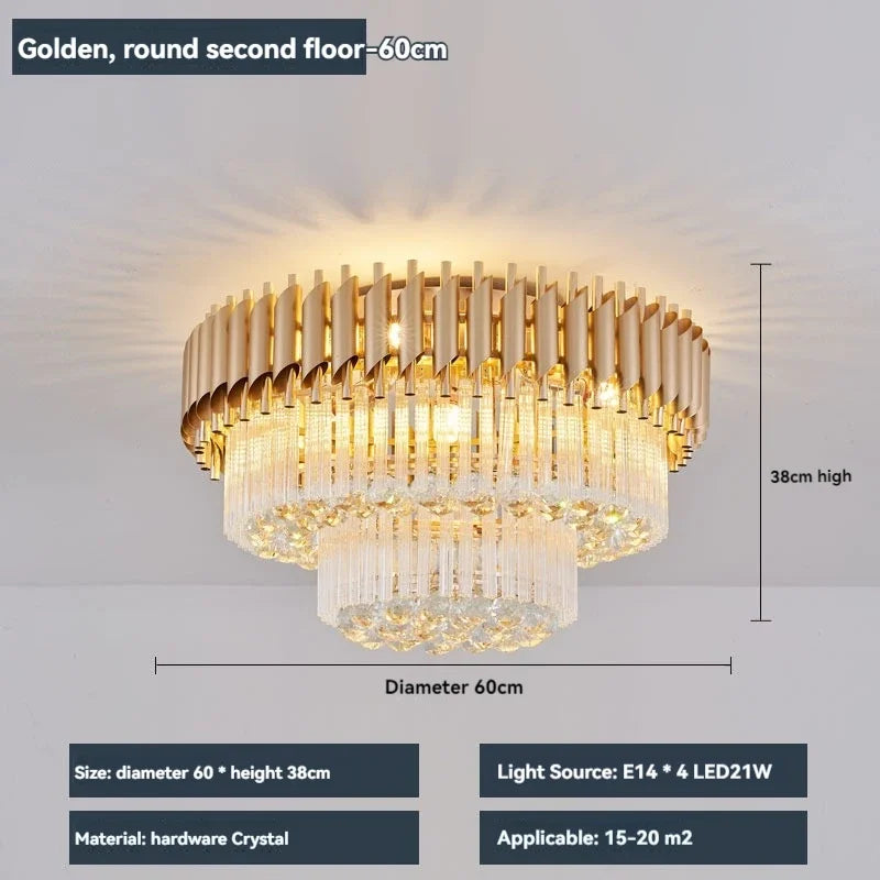 Modern round square layered crystal chandelier black gold luxury Led ceiling lamp living room main lamp villa foyer lighting