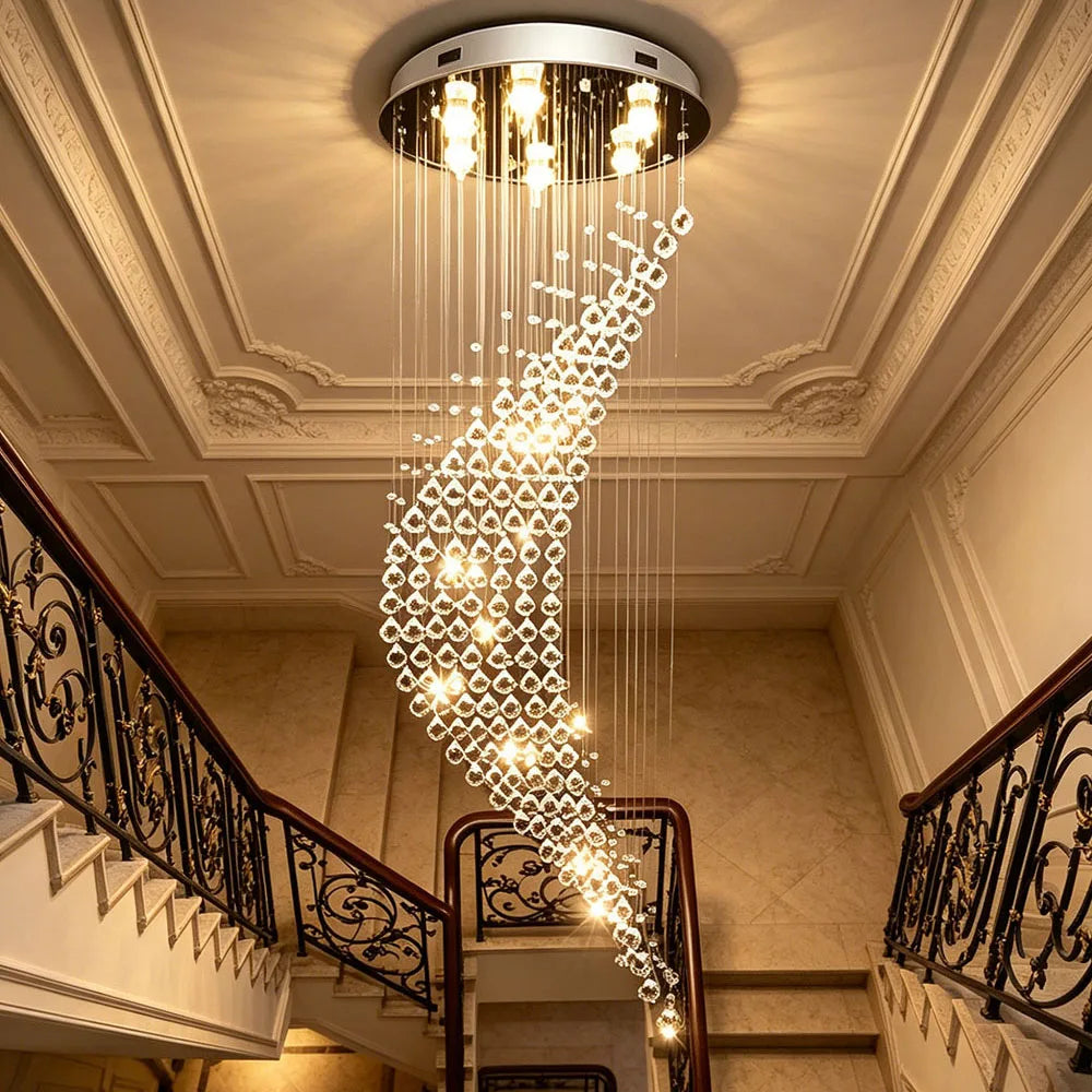 Modern Spiral Long Crystal Chandelier High Ceiling Stairwell Pendant Light Duplex Villa Indoor Decor Lighting