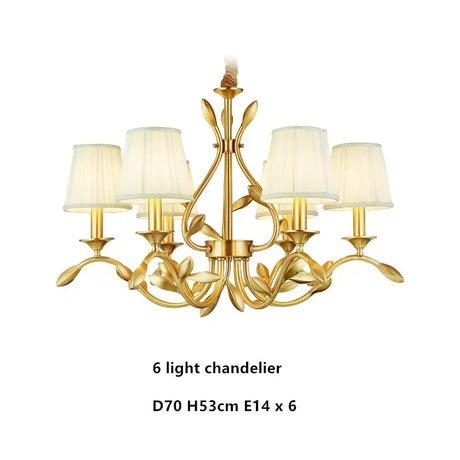 American Retro Luxury Gold Copper Chandeliers Living Dining Bedroom Pendant Lights Fabric Shades Flower Deco Led Lighting Lamps