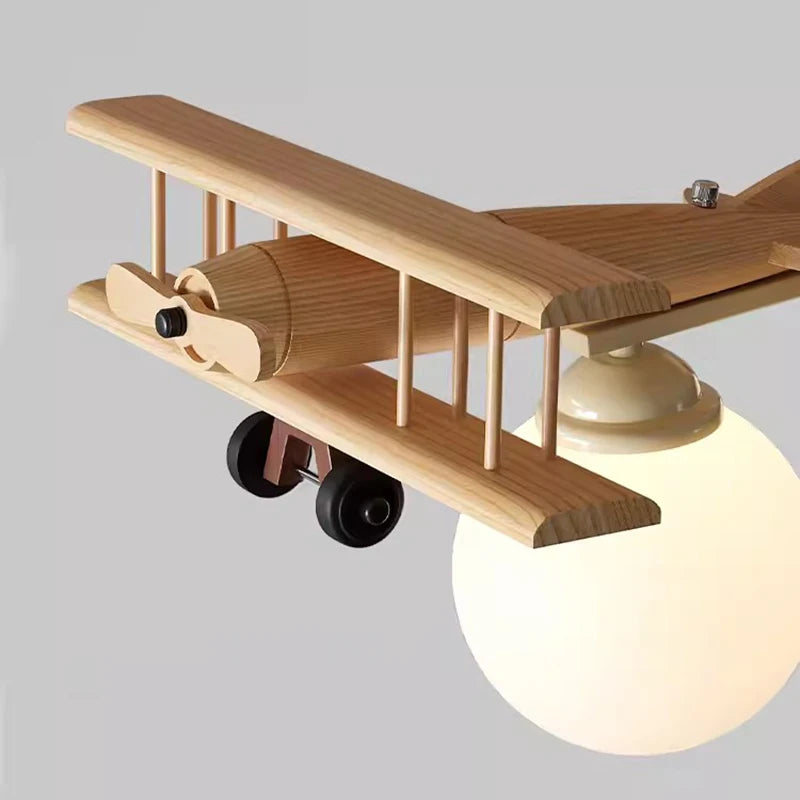 Wooden Plane Lamp Creative Airplane Chandelier Light for Nursery Room Children's Bedroom Ceiling Lights for Boy Kids LED E27