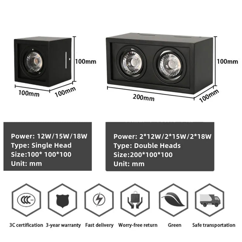 Square White Black LED COB Ceiling Lamp Surface Mounted Downlight 12W/15W AC90~260V 3000K LED Spot Light for Indoor lighting