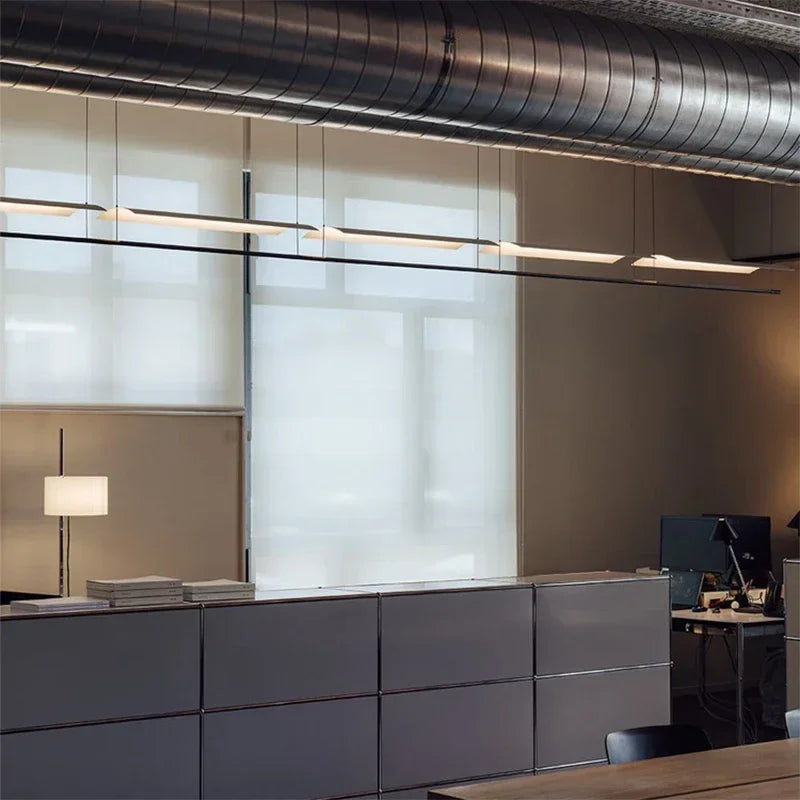Nordic Minimalist LED Linear Pendant Light - Modern Industrial Hanging Chandelier for Dining Room, Kitchen Island, Bar & Office