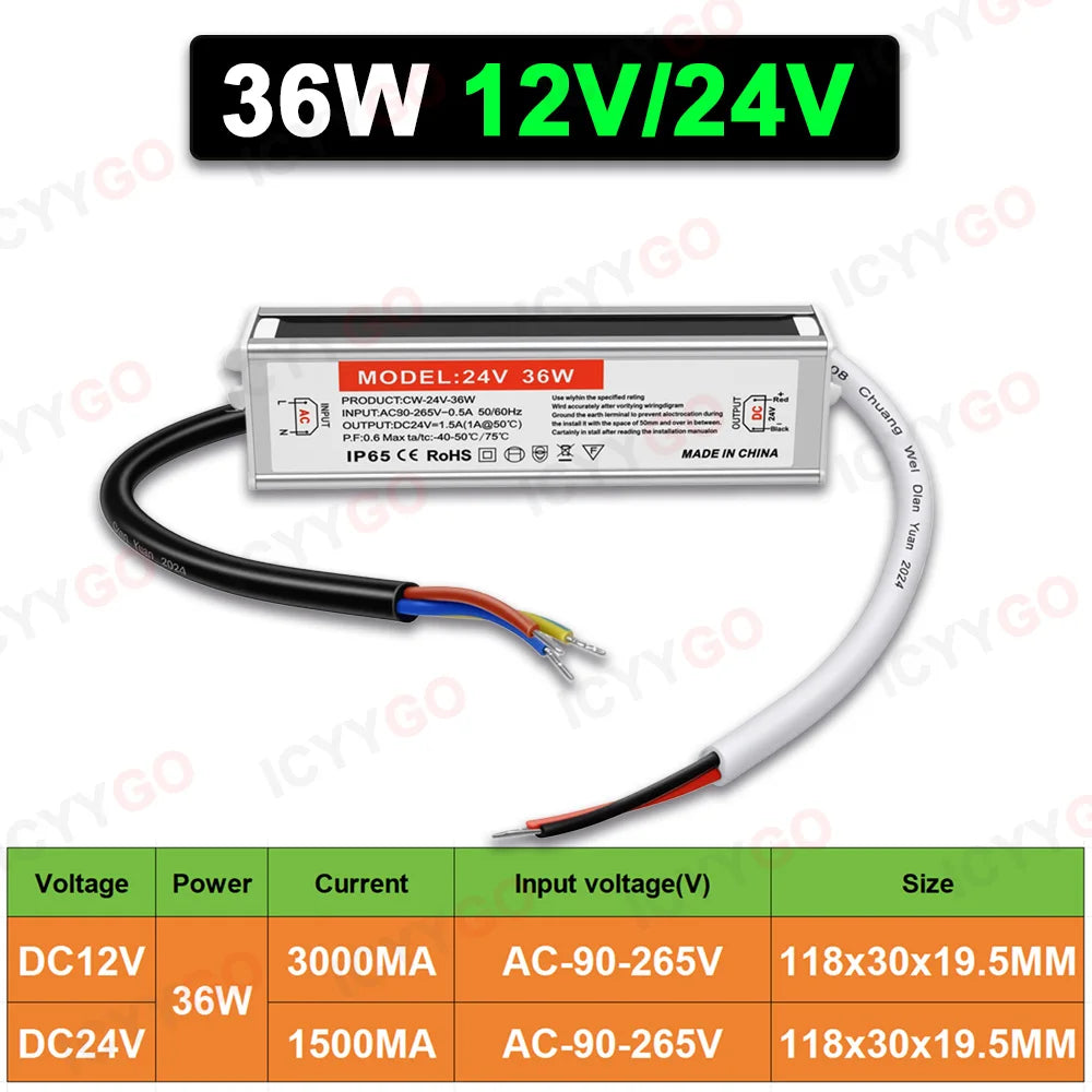 12W 24W 36W 60W IP68 Waterproof Power Supply Transformer For Outdoor Lighting, AC90-265V to 12V/24V Waterproof LED Driver