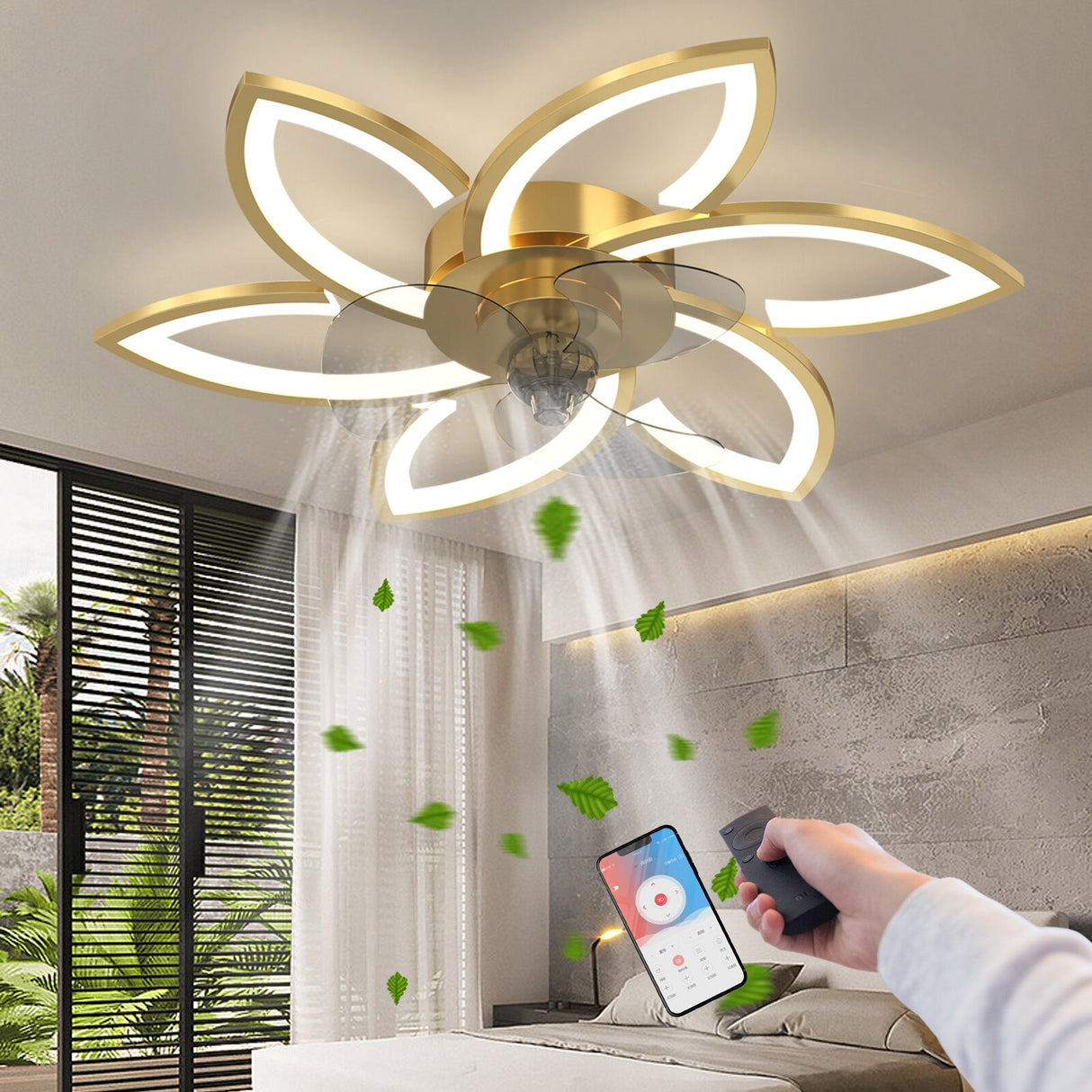Modern led quiet ceiling fan with light with remote control/app timer creative 6 lights design fan with lamp,