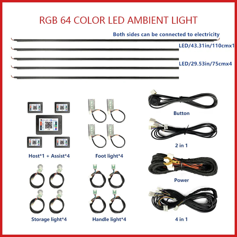 22 In1 Car Acrylic LED Ambient Lamps Universal Colorful Atmosphere Lights Auto Interior Neon Strip App Control 64 RGB  Lighting