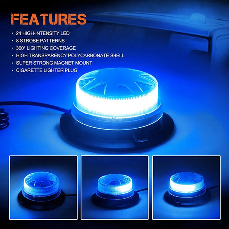 Magnetic Base LED Blue Emergency Strobe Light Car Police Roof Flashing Hazard Warning Light 12V/24V Vehicle Safety Beacon Lamp