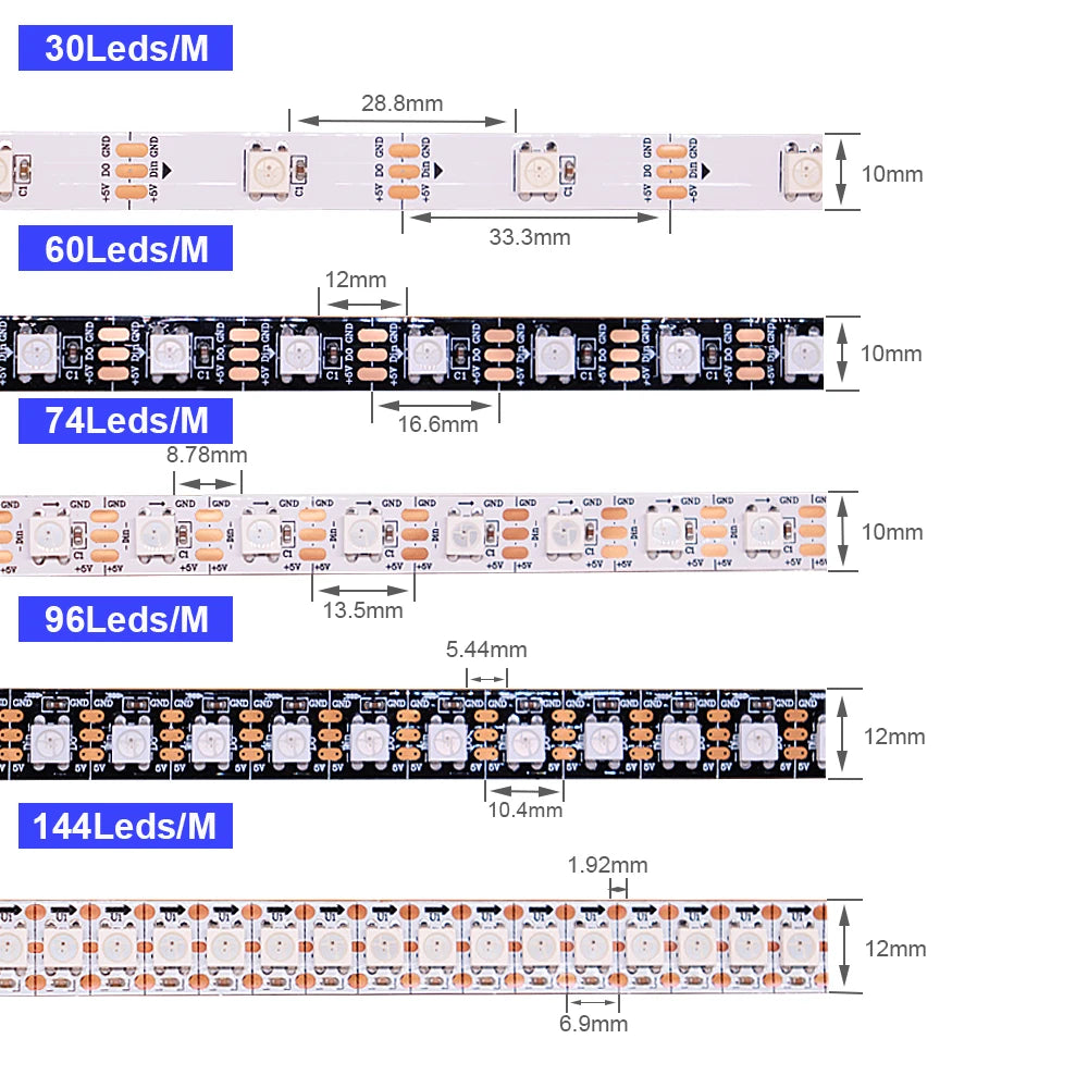 WS2812B WS2813 WS2815 Programmable LED Strip Light (1–5M, 144 LEDs/m) - DC5V/DC12V High-Density RGB Chasing Pixel Ribbon