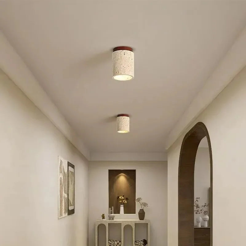 Yellow Travertine LED Ceiling Lamp Japanese Wooden Downlight round Wood Light for Living Room Corridor Porch Balcony