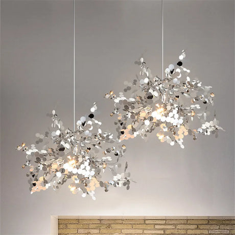 Nordic LED Chandelier Stainless Steel Chrome Leaf Personality Art Decors Living Dining Room Bar Table Hanging Lighting