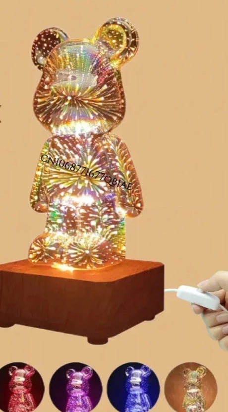 3D Fireworks Bear Lamp USB Led Night Light Bedroom Decoration Cute Table Desk Projection Atmosphere 7 Color Changeable Kid Gift