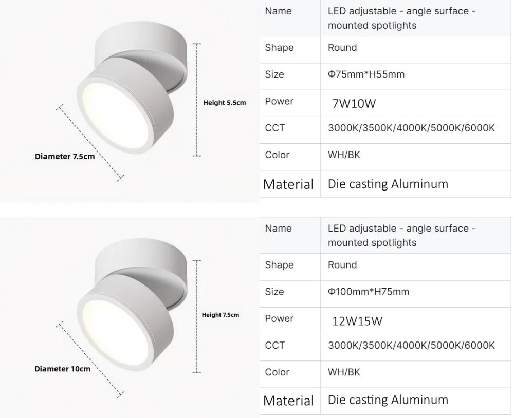 Ultra thin Surface Mounted Rotating Anti Glare Dimmable LED Downlight AC85-290V Ceiling Spotlight Lamp Indoor Lighting