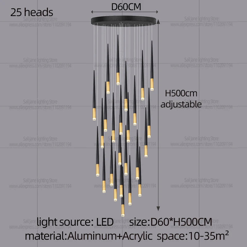 New Luxury Chandelier Nordic Conical Light Modern Living Room Duplex Attic Long Pendant Light Villa Staircase LED Pendant Light