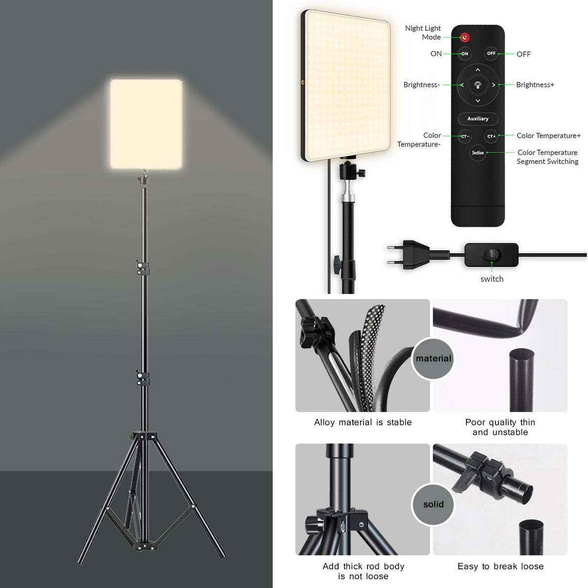 Photo Studio LED 2700k-5700k Video Fill Lamp Light Panel Photography Lighting With Tripod Stand Long Arm EU Plug For Live Stream