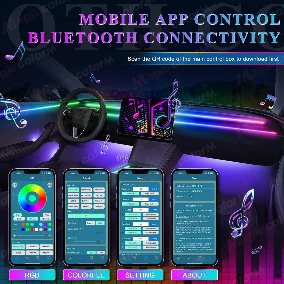 18-in-1 RGB Symphony LED Car Ambient Lighting - Bluetooth App Control Kit