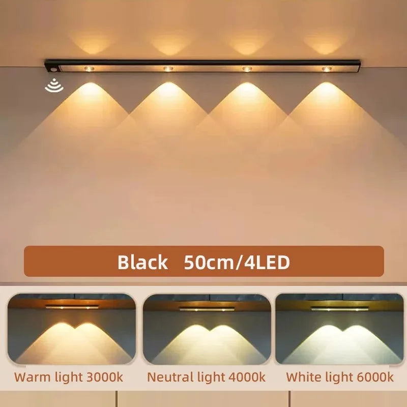 Ultra-Thin Motion Sensor LED Under Cabinet Light (Wireless & Rechargeable) - 3-Color Dimmable Lighting for Kitchen, Wardrobe & Bedroom