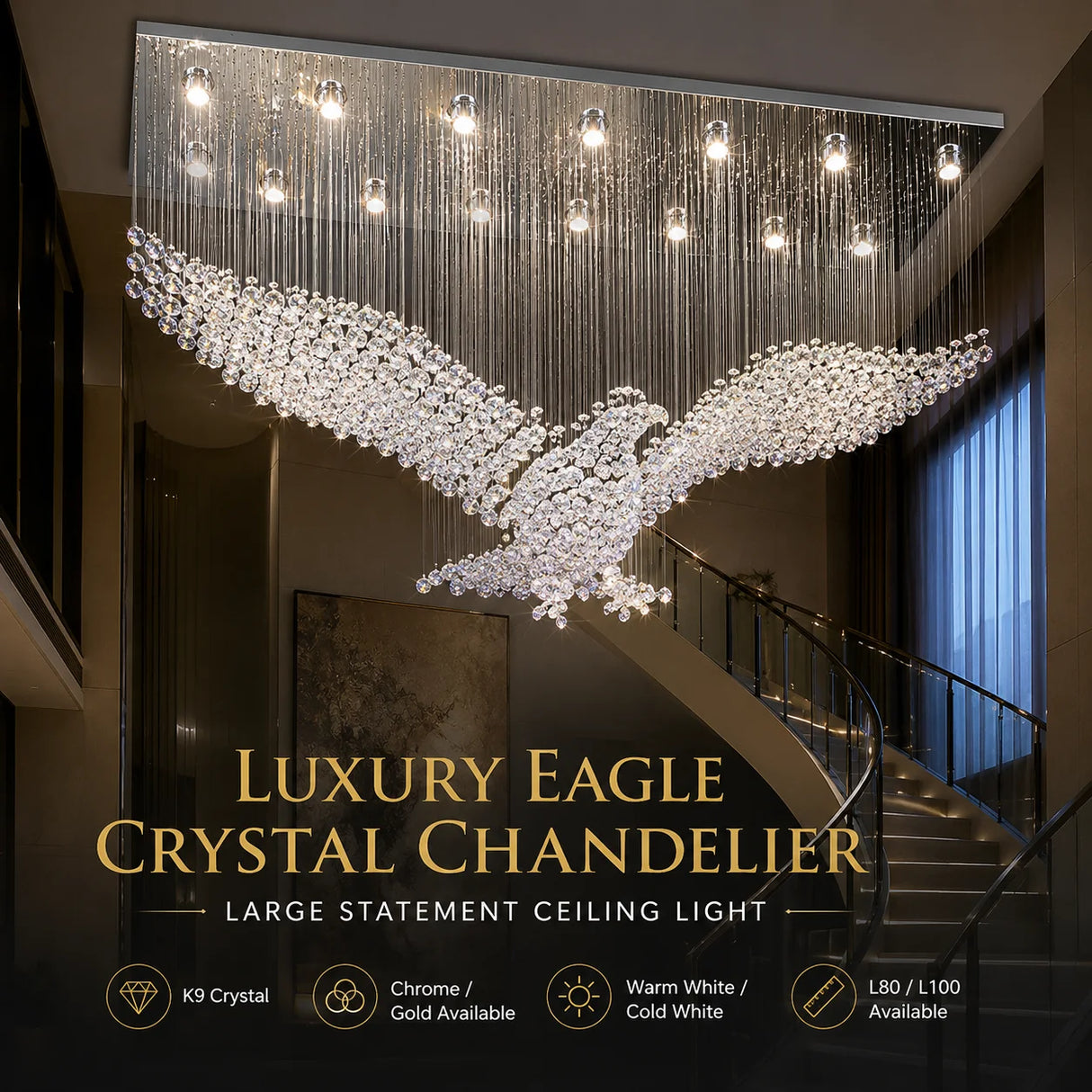 Modern Luxury Eagle Crystal Chandelier Large Pendant Ceiling Light for Living Room Villa Hotel Lobby Staircase Decor
