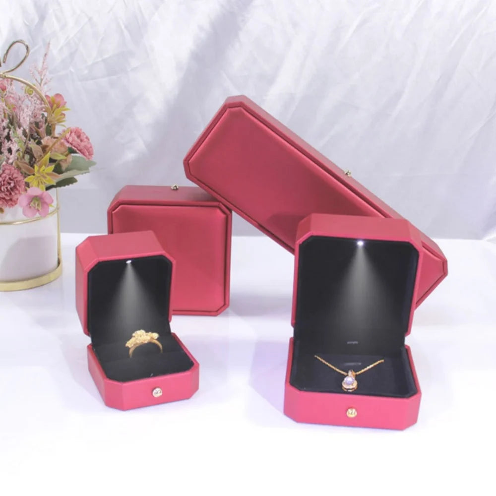 PU Leather LED Light Jewelry Box - Luxury Empty Case for Ring, Necklace & Earrings