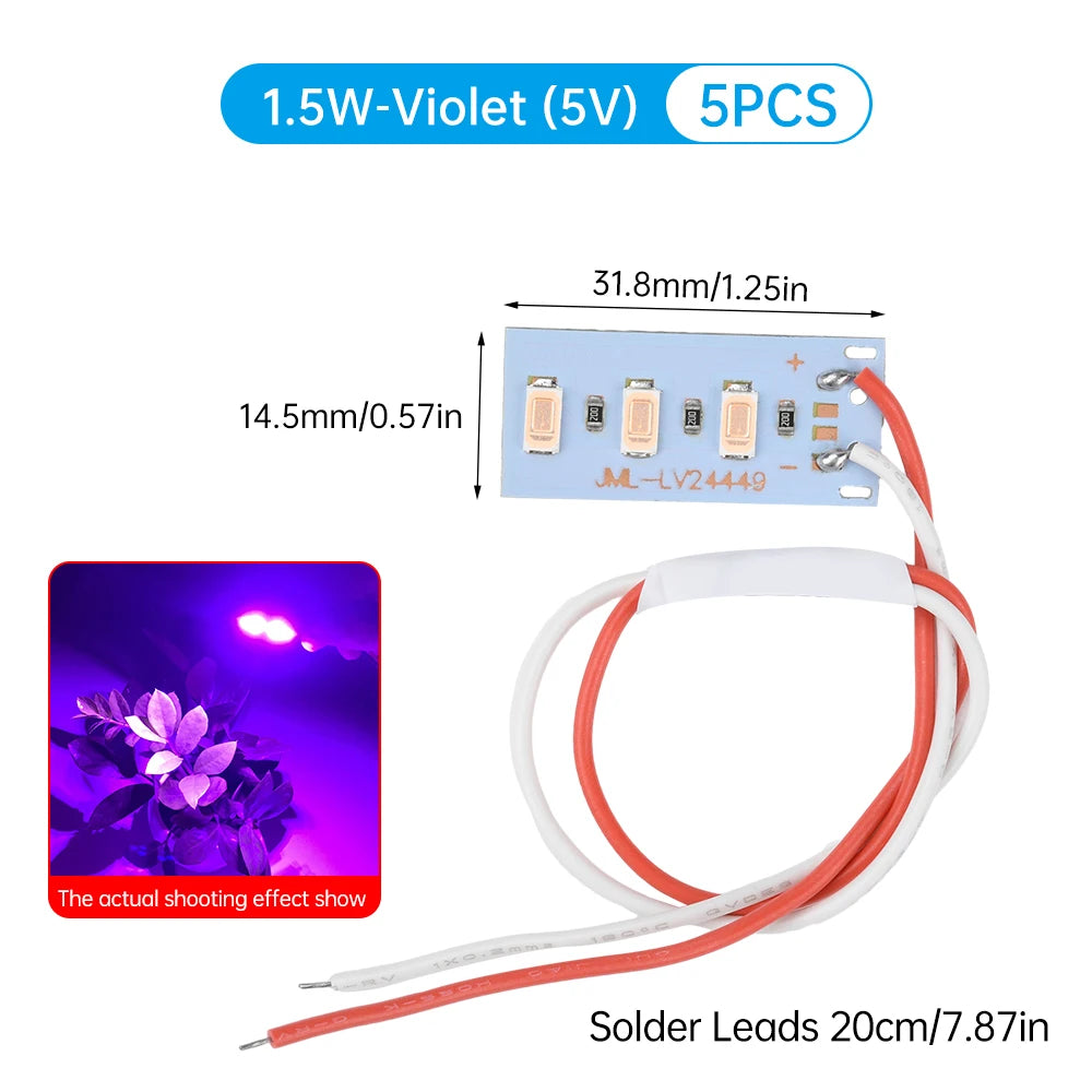 5-Pack 1.5W 5V 5730 SMD LED Color Lamp Boards with Wires - High-Brightness Light Source Modules (Red, Yellow, Green, Blue, Warm White)