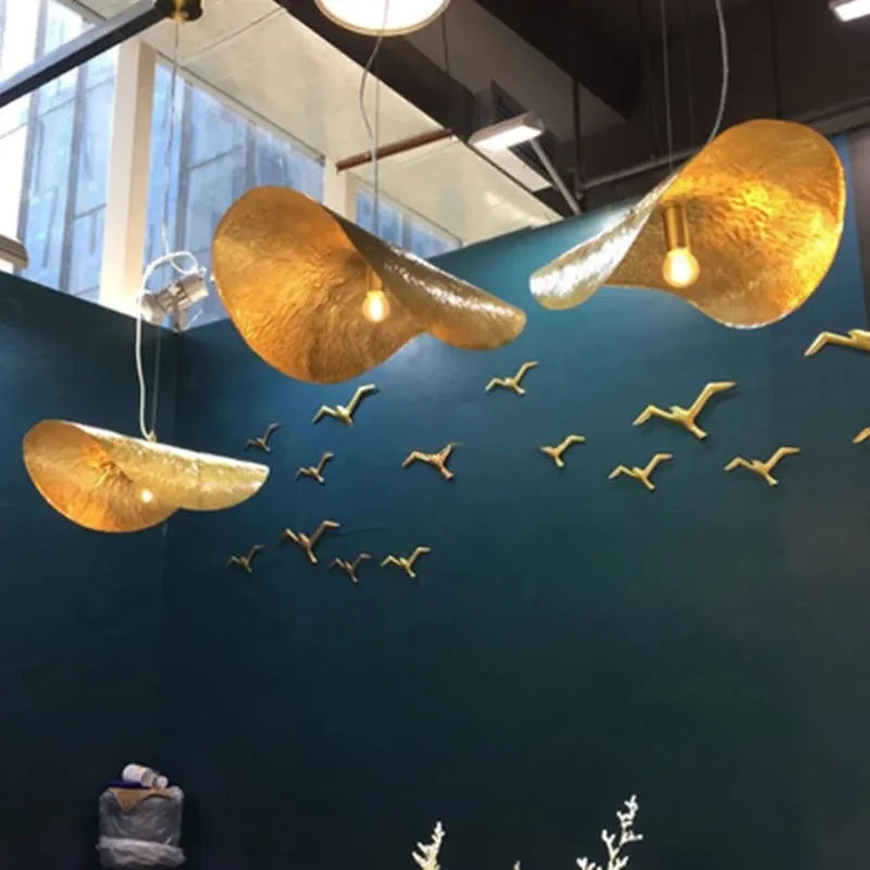 Minimalist Creative Decor Copper Pendant Lamps Lotus Leaf Hat Lamp Living Room Restaurant Light Bar LED Chandelier