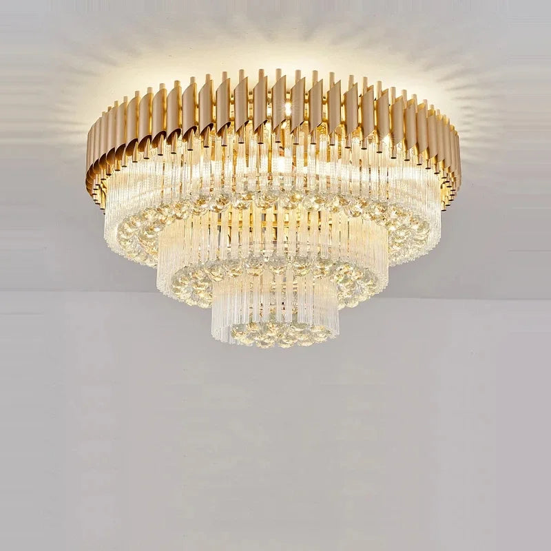 Modern round square layered crystal chandelier black gold luxury Led ceiling lamp living room main lamp villa foyer lighting