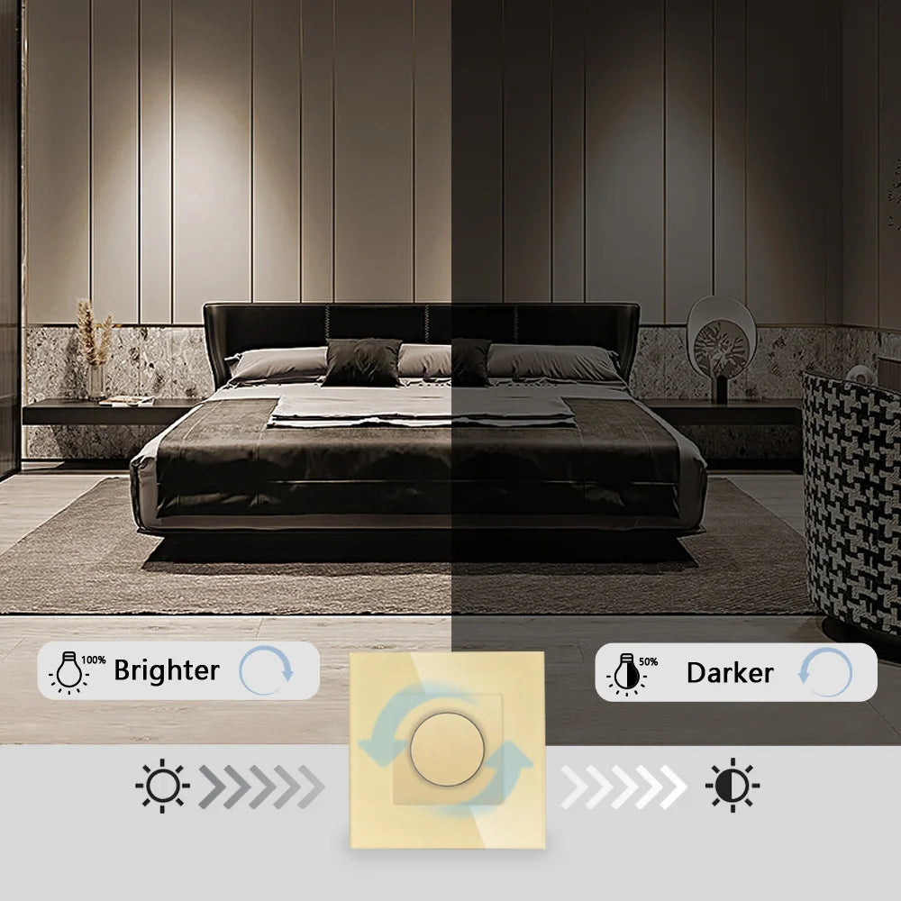 Dimmer Light Switch Rotary Knob Switch Glass Frame Mechanical LED Dimmable Switch Wall Mounted Switch EU Russia Switches