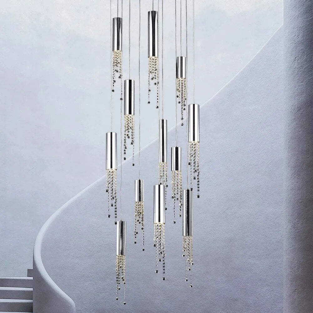 Modern Chrome Crystal LED Chandelier Luxury Large Cristal Staircase Hanging Fixture For Hallway Lobby Long Indoor Ceiling Lustre