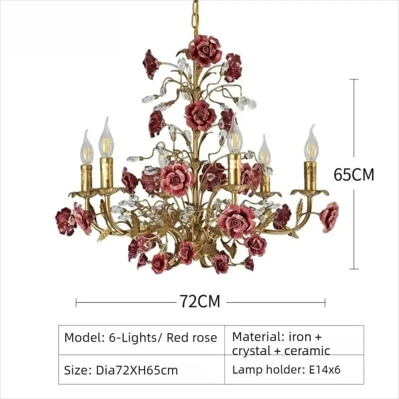 Pink Red Ceramic Rose Chandelier Luxury French Gold 5 Lights Chandelier Bedroom Lighting 6/8/10 Living Room Hanging Lights