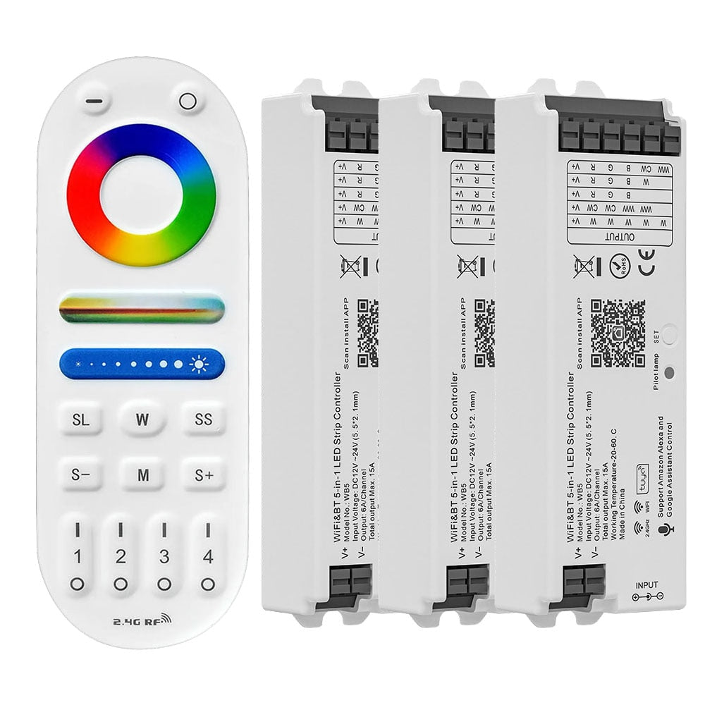 WiFi 5 IN 1 LED Controller Tuya APP Alexa Google Home Voice Control RGB RGBW CCT Led Strip Dimmer Bluetooth APP RF Remote