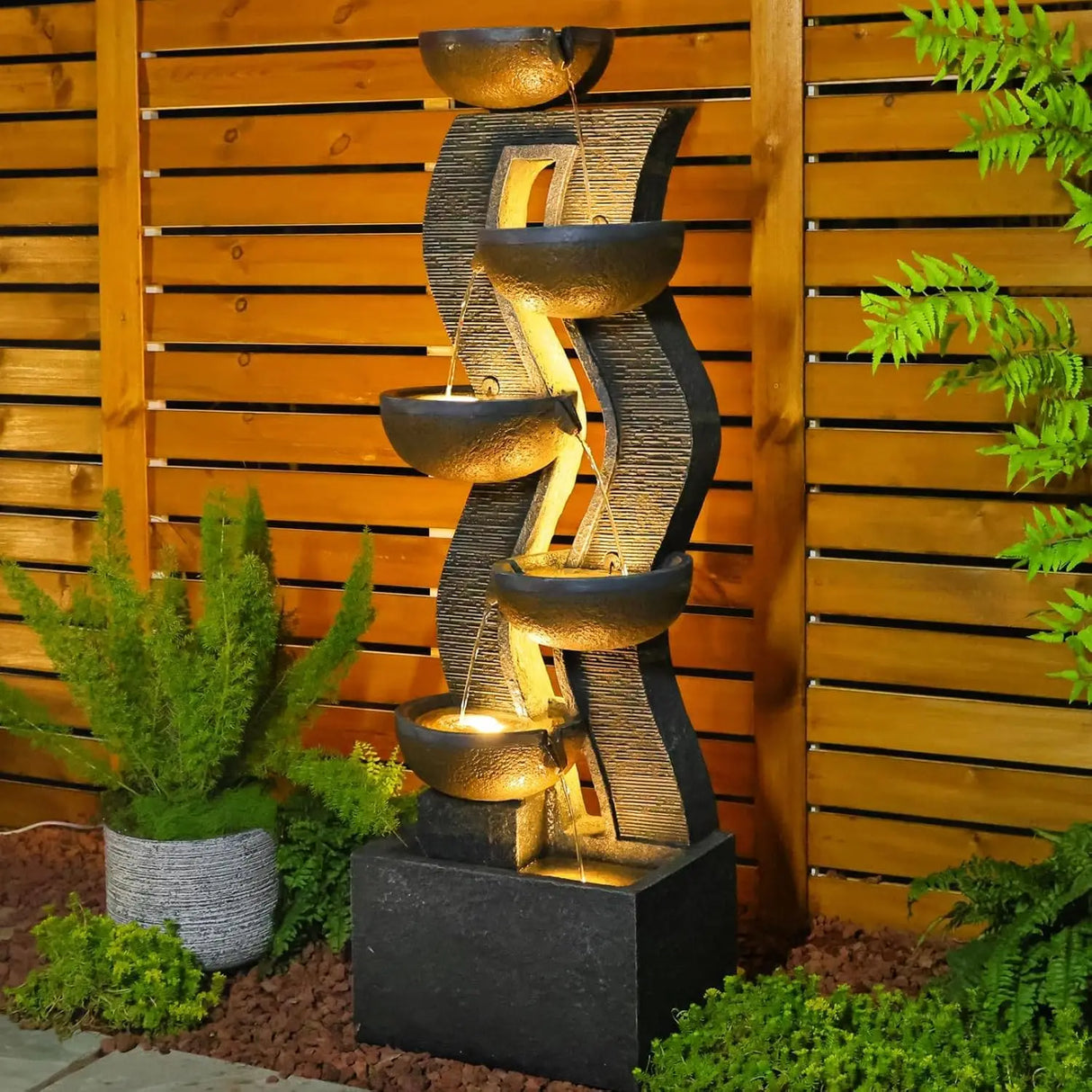 52.8" 6-Tier Outdoor Water Fountain with LED Lights, Large Cascading Resin Waterfall for Garden Patio Yard Deck, Custom