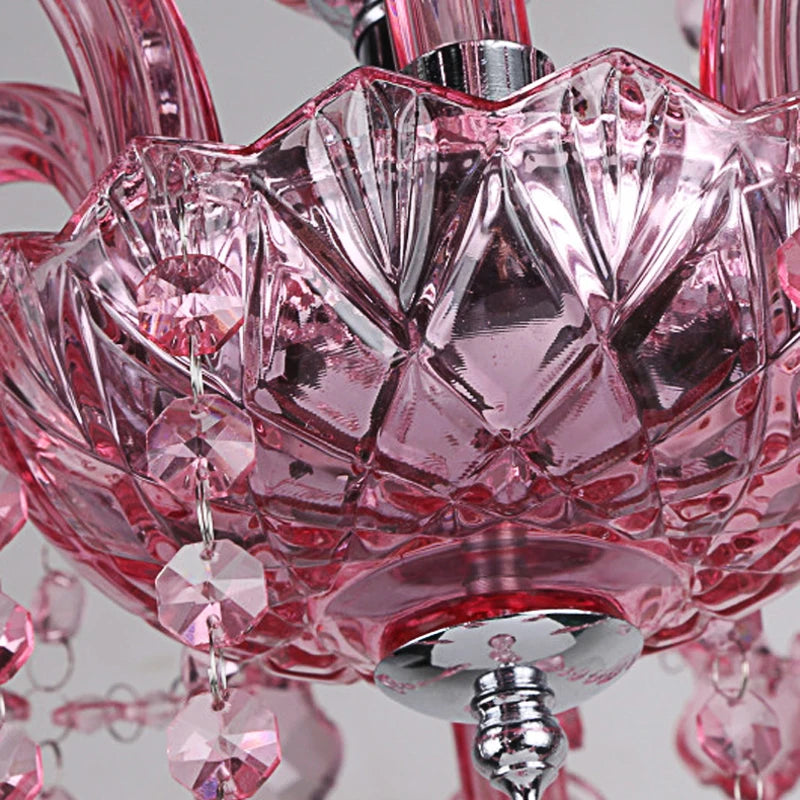 French Princess Room Crystal Pink Chandelier Villa Hotel Dining Table Candlelight Glass Decoration Rose Red LED Pendent Lamp