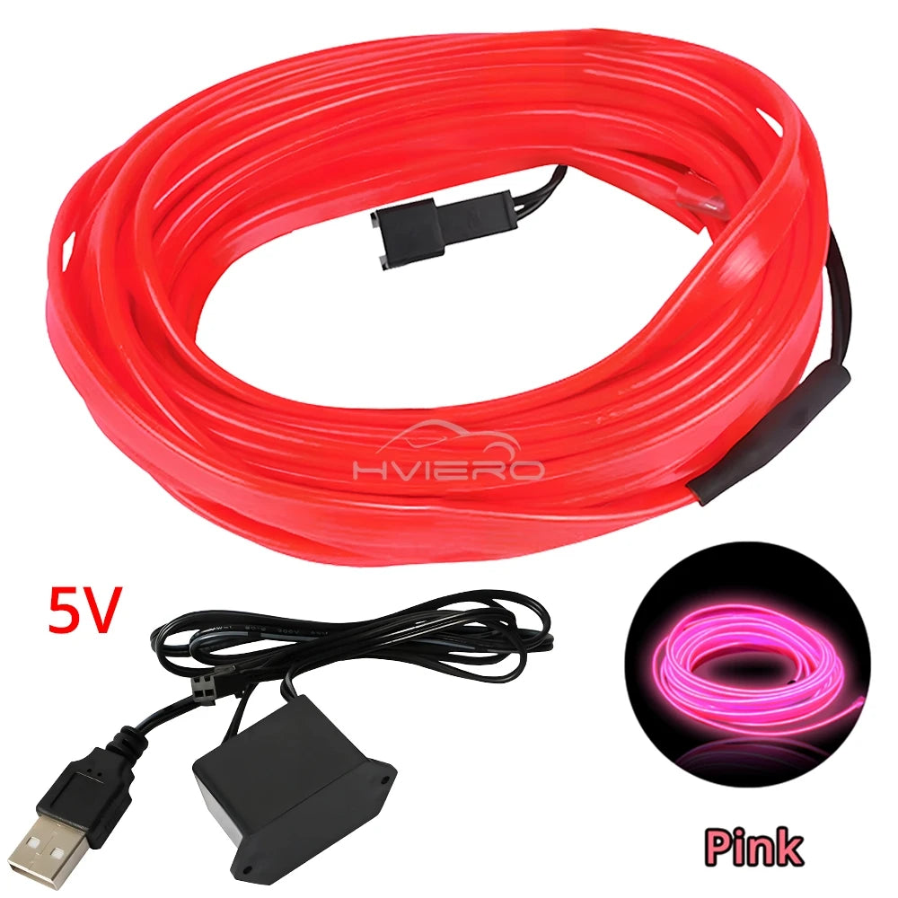 1M/2M/3M/5M Colour Car Interior Lighting LED Strip Auto Decoration Wire Rope Tube Line Flexible Neon Lights USB Drive Atmosphere