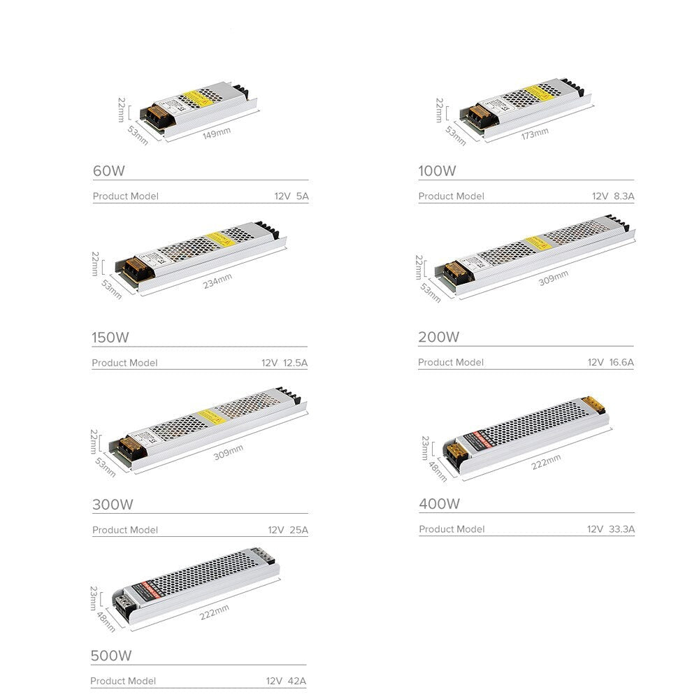 Ultra Thin LED Power Supply AC190 240 to DC12 24V 60 100 150 200 300 400 500W Transformer Adapter Driver FCOB WS2815 Light Strip
