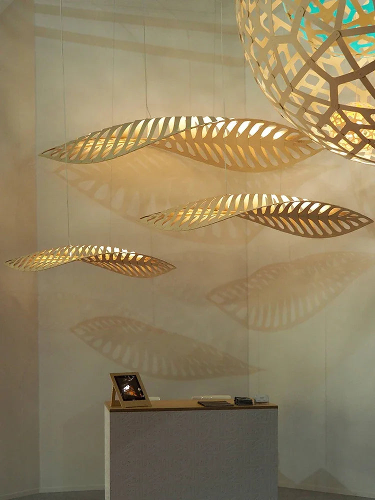 Nordic Wabi Sabi Fish Bone Wood Ceiling Pendant Light Home Deco Living Room Led Chandelier Bar Cafe Hanging Lamp Lustre Fixture