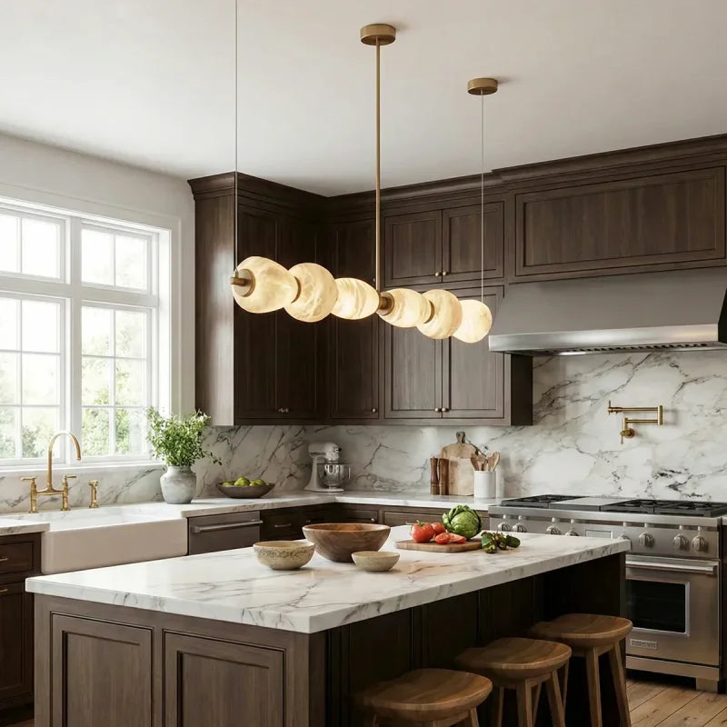 Modern Natural Alabaster Linear LED Chandelier - Brass & Marble Hanging Pendant Lamp for Dining Table, Kitchen Island & Living Room
