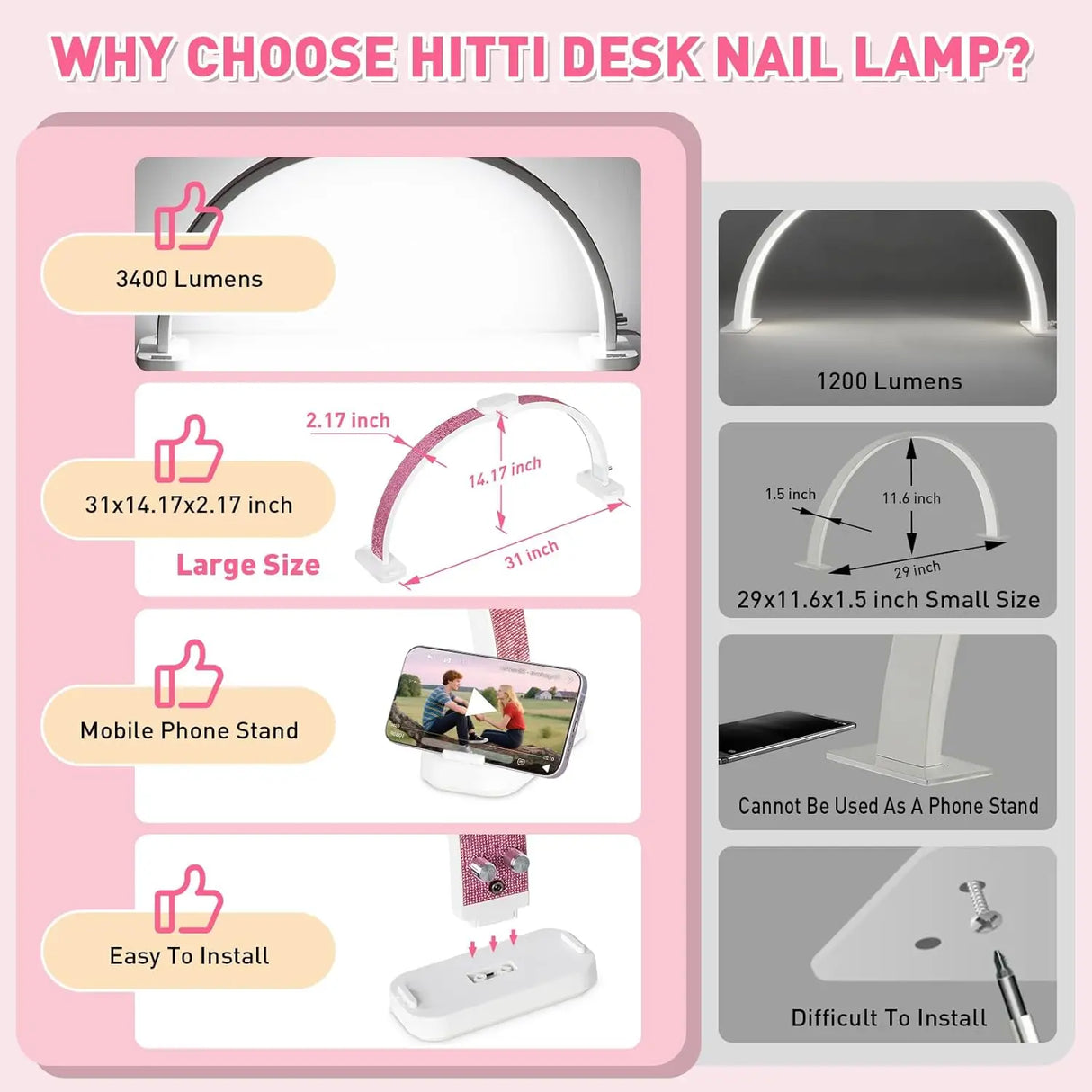 31IN Foldable Half-Moon LED Nail Desk Lamp - 3400LM Dimmable Light with Phone Stand