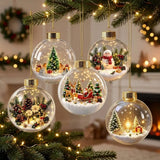 Clear Acrylic Lighted Christmas Ball Ornament Mini Interior Scene Warm LED Light-Up Tree Hanging Bauble Cartoon Shock-Resistant