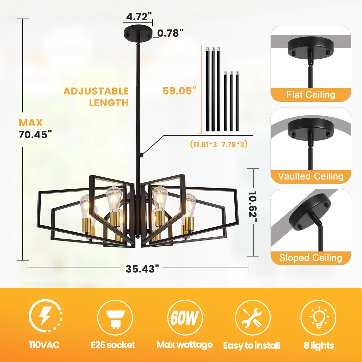 Modern 8-Light Geometric Chandelier - Black & Gold Metal Pendant Light