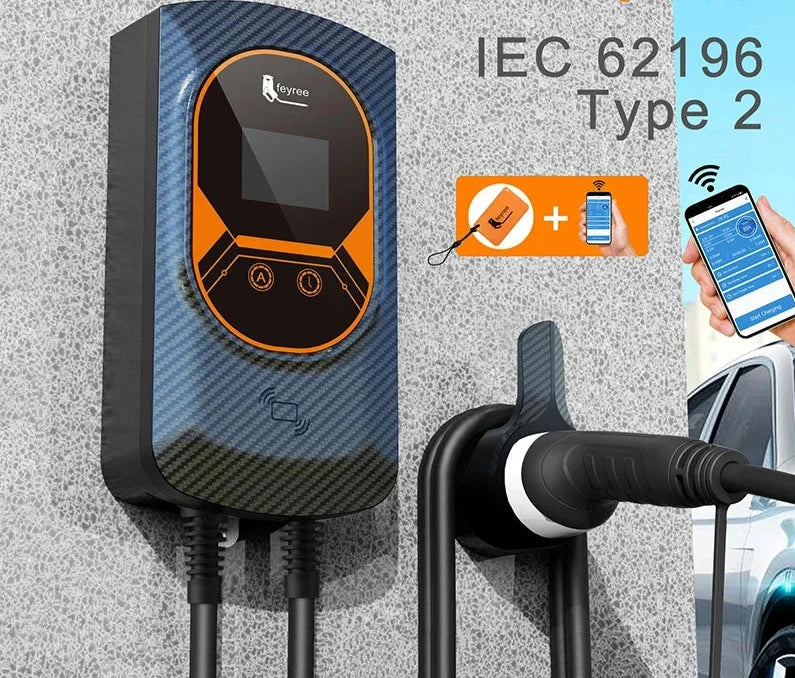 EVSE Wallbox Type2 Cable 32A 7.6KW EV Car Charger 11KW 22KW 3 Phase Charging Station APP RFID Cards Control for Electric Vehicle