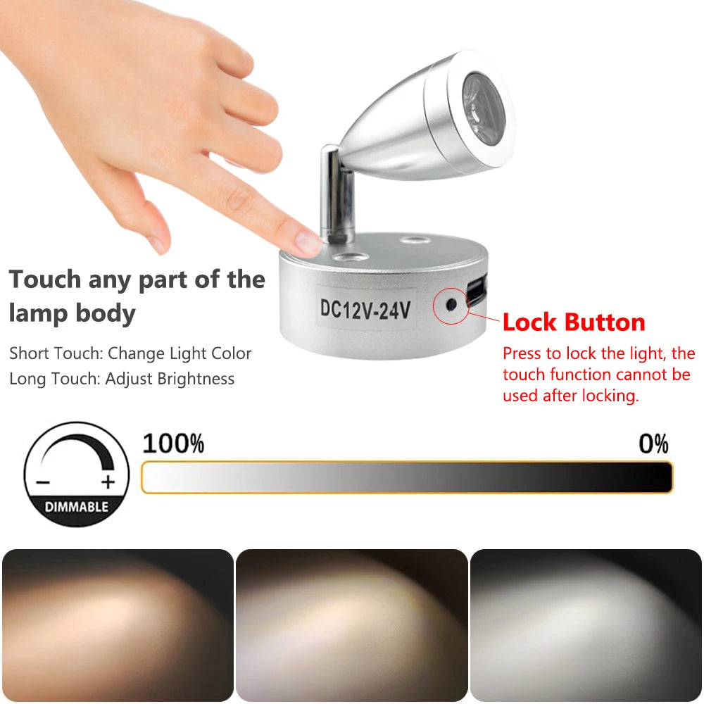 USB RV Lights Interior Reading Lamp LED Bedside Lamp 3W RV Wall Sconce Light Fixtures Rotatable Spot Lights Boat Camper Van Lamp